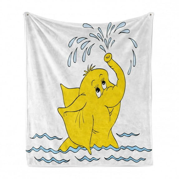 Animal Soft Flannel Fleece Throw Blanket, Cartoon Spraying Water to Air Sea Waves Cheerful Funny Artwork, Cozy Plush for Indoor and Outdoor Use, 70" x 90", Yellow Pale Blue, by Ambesonne