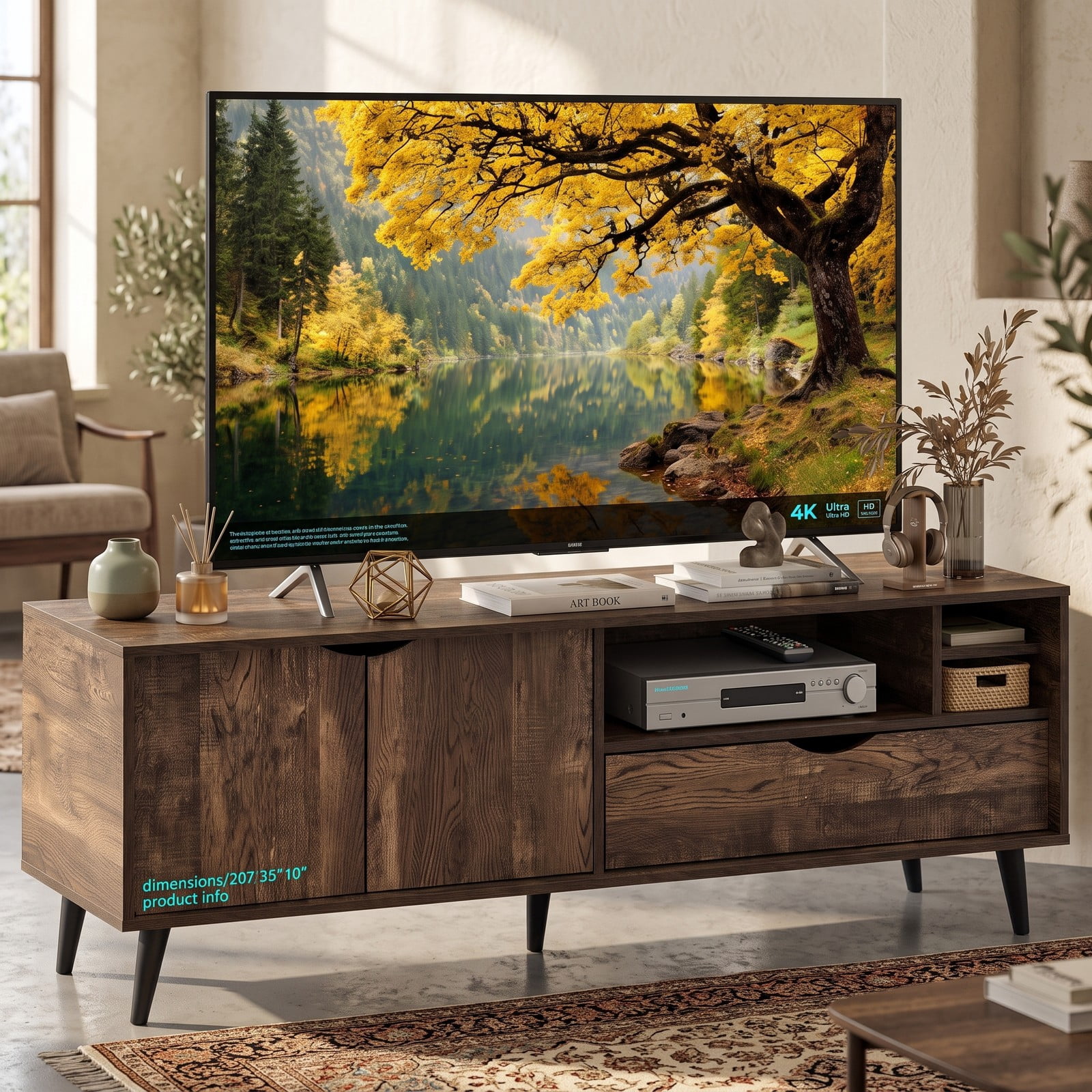 Furnibear Rustic TV Stand for TVs up to 65 Inches, Farmhouse Entertainment Center with 2-Door Cabinet, Storage Drawer and Open Shelves, Wood Media Console for, Brown