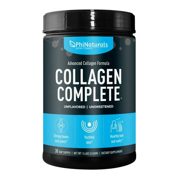 Phi Naturals Collagen Complete Powder Supplement with Hydrolyzed Collagen Types 1, 2, & 3, Unflavored, 14.6 oz