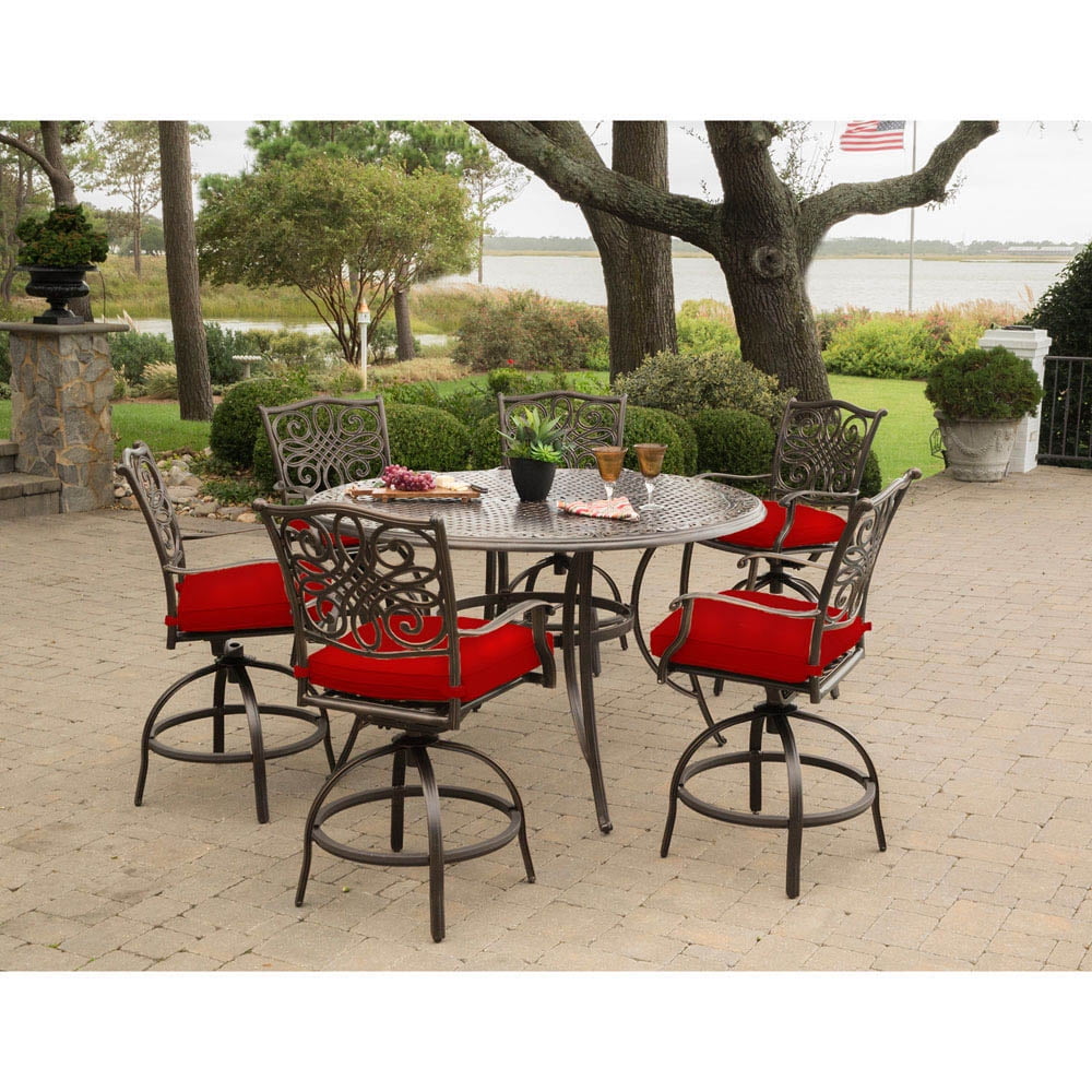 Hanover Traditions 7-Piece High-Dining Set in Red with 6 Swivel Chairs and a 60 In. Cast-Top Table