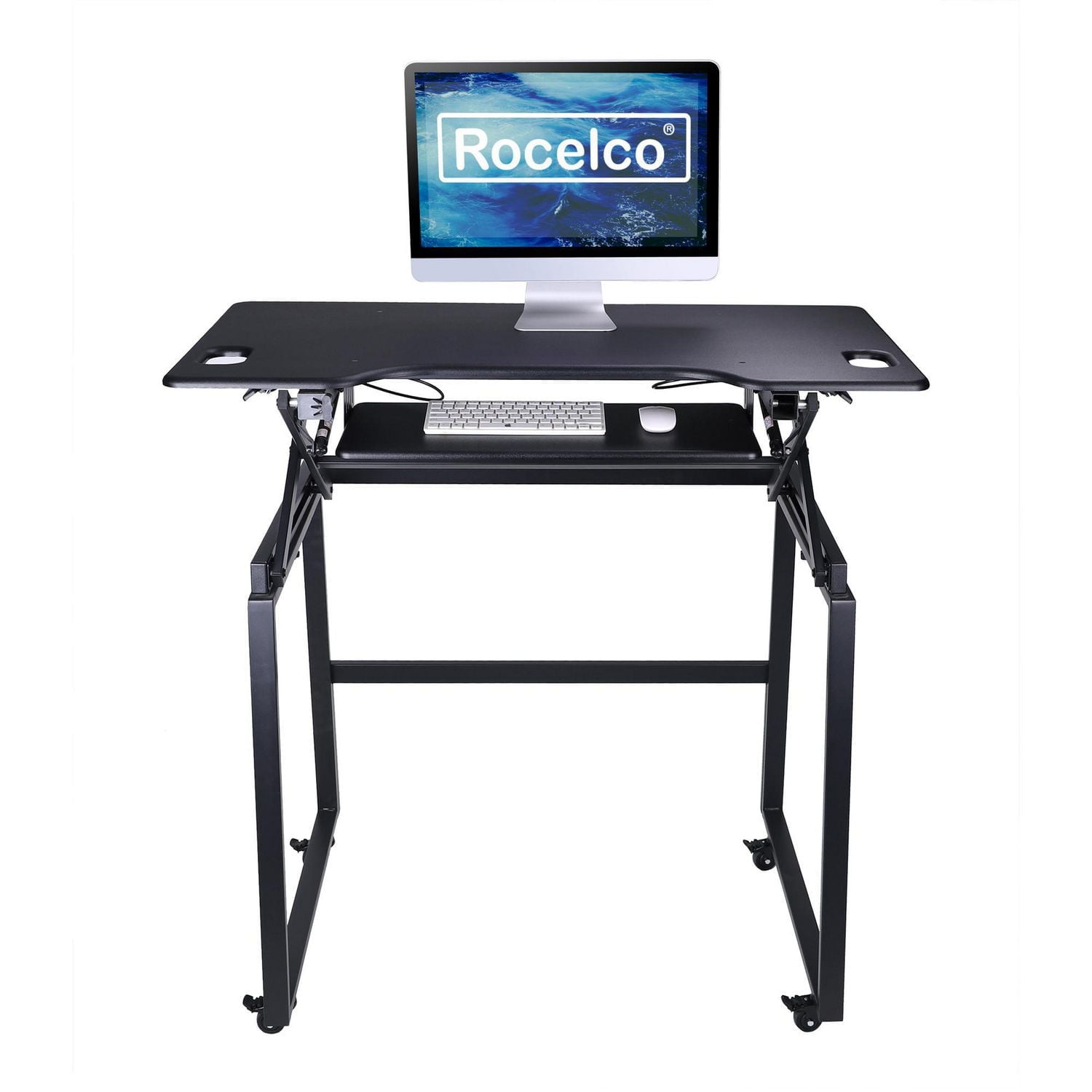 Rocelco 46 "Bureau debout mobile de grande taille réglable en hauteur BUNDLE - Montant pour moniteur double assis-debout roulant - Station de travail assistée par ressort à gaz - Plateau pour clavier