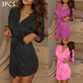 thumbnail image 2 of 3pcs Women Satin Robes with Belt PJ Set Lightweight Sleepwear Half Sleeve Kimono Hooded Bathrobe Hot Pink Free Size, 2 of 7