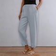 thumbnail image 5 of Women's Stacked V Hem Trousers, High Waist Casual Slub Cotton Pants with Elastic Waistband, Relaxed Fit Long Pants for Daily Wear, Vacation and Loungewear Light Ashy L, 5 of 9