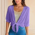 thumbnail image 4 of LEKODE Womens V Neck Bell Flare Long Sleeve Tie Front Cropped Lightweight Knit Shrug UV Sun Protection Summer Beach Daily Dress Layering Cover Up Topper B Purple S, 4 of 9