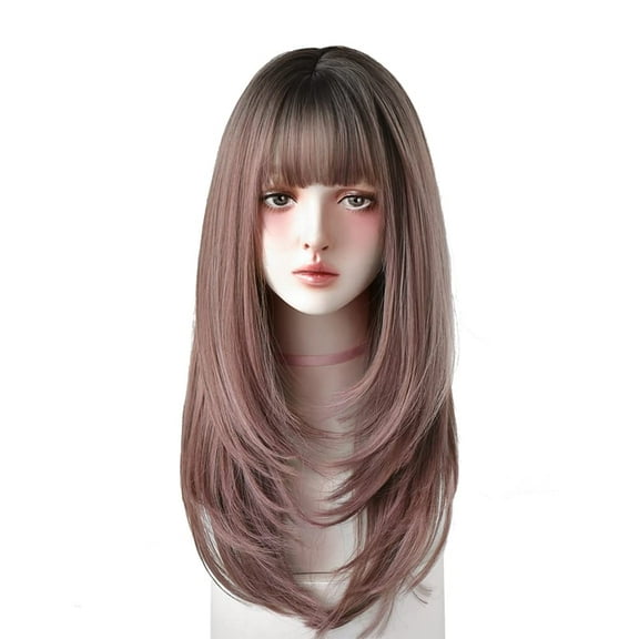 25 Inches Long Straight Wig with Bangs Black Wig Heat Resistance Layered Synthetic Wigs for Women (Black Brown)