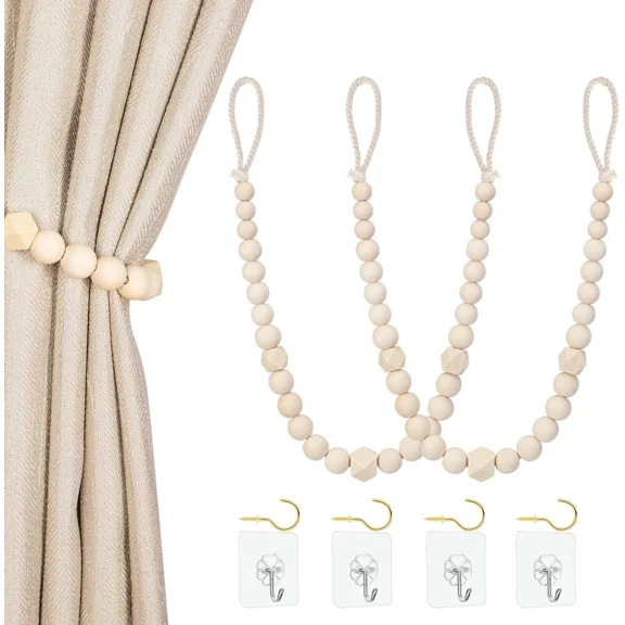 Wood Bead Curtain Tiebacks,2 Pis Curtain Holdbacks For Thin Or Thick Draperies