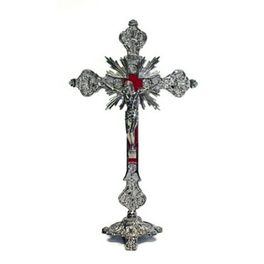 Fine All Metal Freestanding Crucifix, 12in., Silver