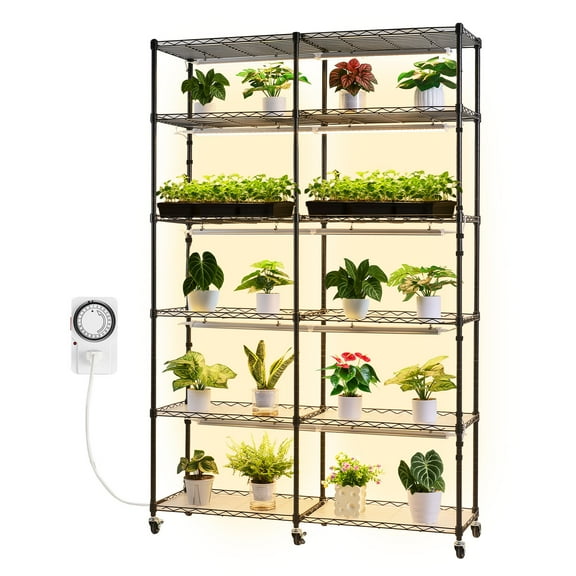 KFFKFF 6-Tier Plant Shelf with Grow Light, 71in Tall Indoor Display Rack with Wheels & Timer, 200W Full Spectrum Lighting, Metal Stand for Seed Starting and Flower Pots