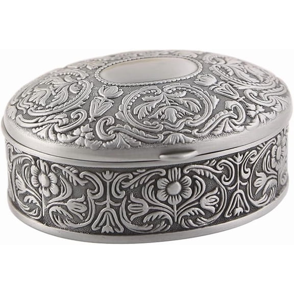 Vintage Metal Jewelry Box, Antique Silver-Finish Trinket & Keepsake Chest with Embossed Floral Design and Velvet Interior