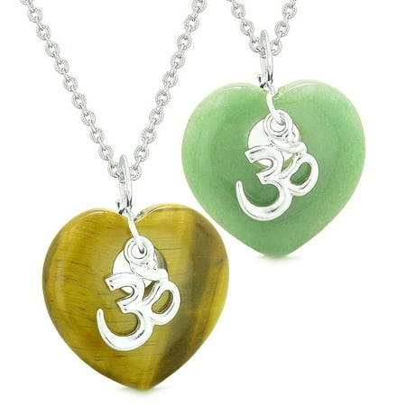 Ancient Tibetan OM Amulets Love Couples Best Friends Magic Puffy Hearts Tiger Eye Green Quartz