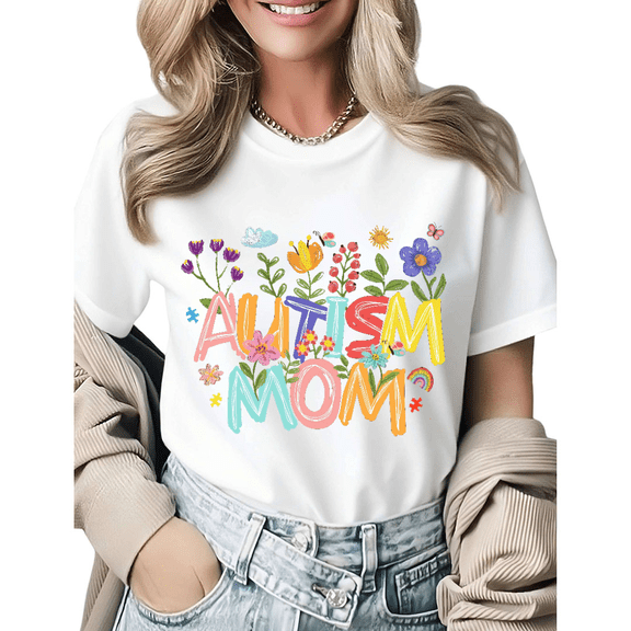 Vintage Autism Support Mom Life Graphic Tees Womans Casual Tshirt Tops Black/White S-5XL