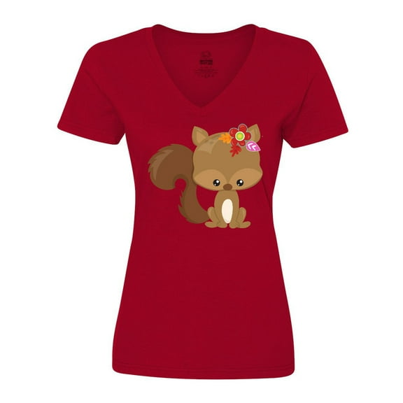 Inktastic Cute Squirrel, Squirrel With Flowers, Fluffy Tail Women's V-Neck T-Shirt