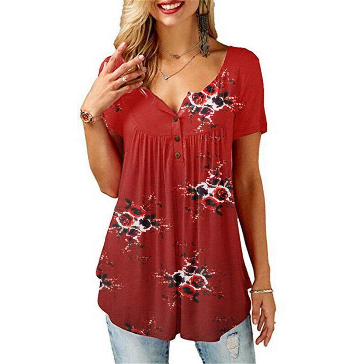 Women Summer Floral Print Short Sleeve T-Shirt Casual Top Loose Tee ...