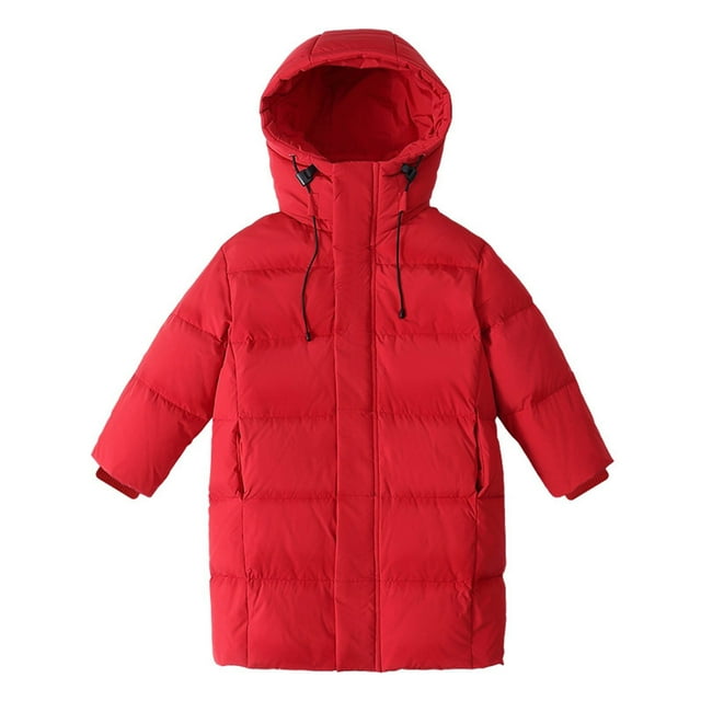 RXMEKW Winter Jackets for Girls, Solid Color Thick Hooded Warm Mid to Long Down Jacket