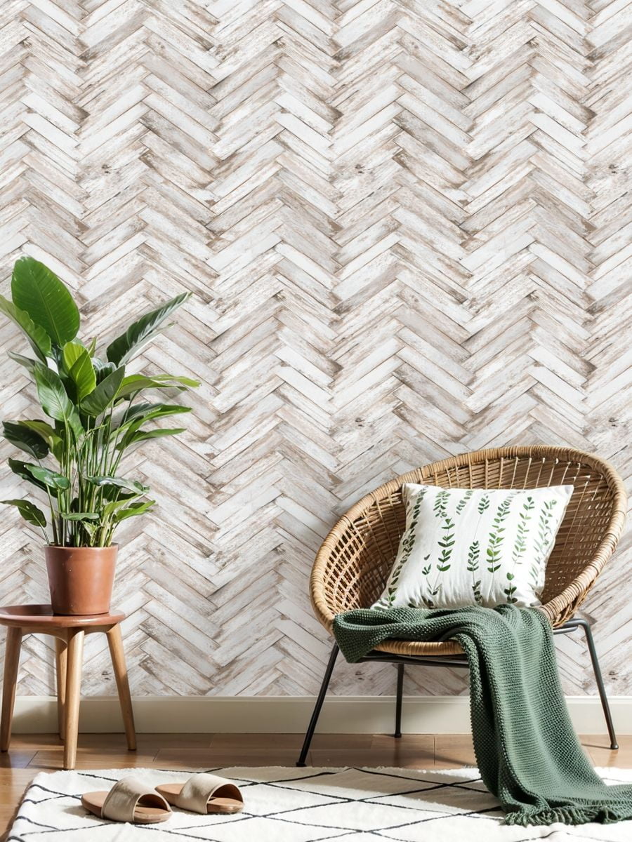 Vintage Peel and Stick Wallpaper Rustic Whitewashed Wood Herringbone Wall Mural 23.6in x 9.8ft Self Adhesive Removable Wall Paper Renter Friendly Wallpaper for Nursery Bedroom Cabinets