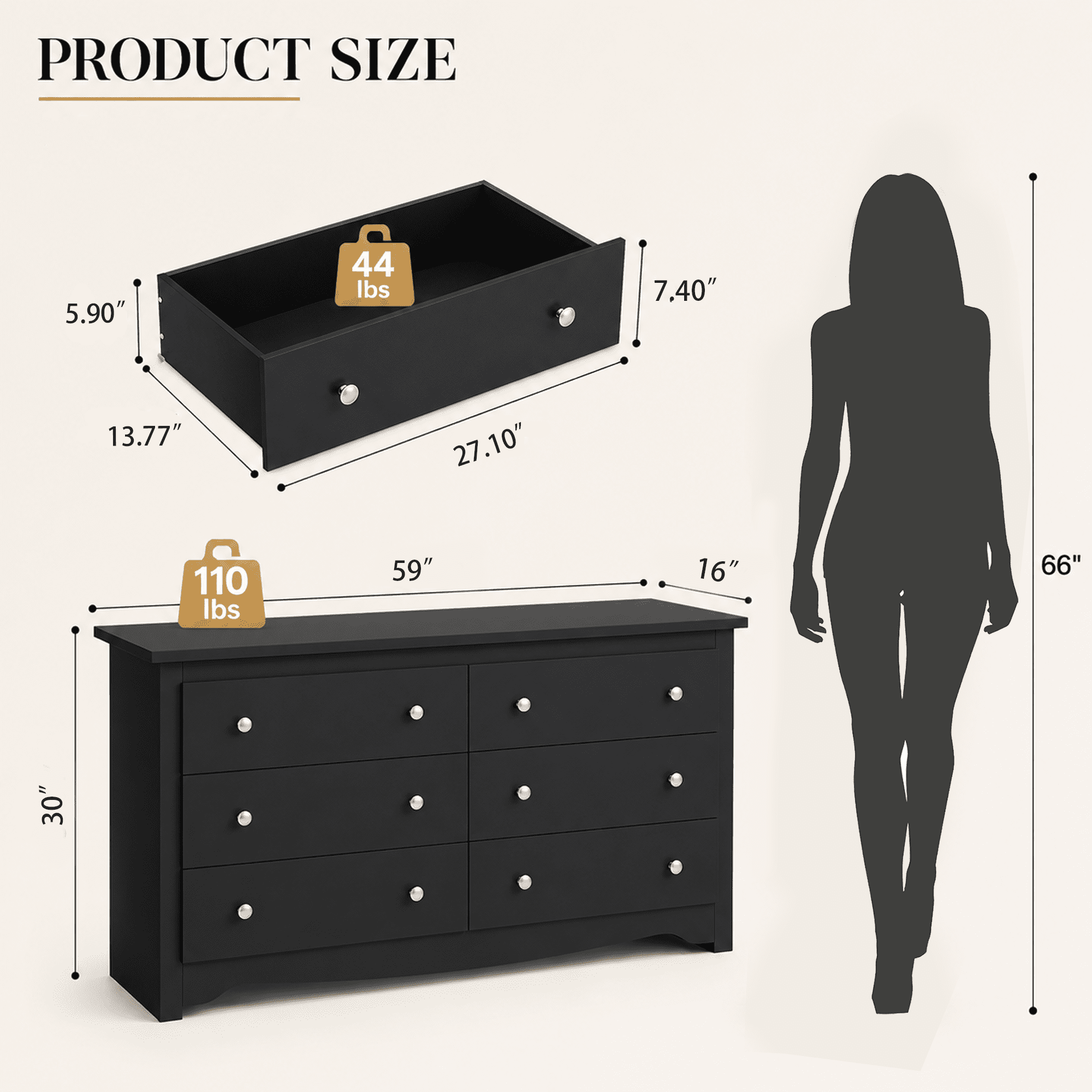 GALAXHERO Modern Wood Dresser with 6 Drawers – Wide Storage Chest for Bedroom, Living Room, Closet, Hallway – Large Organizer Nightstand Unit, 59”W, Black