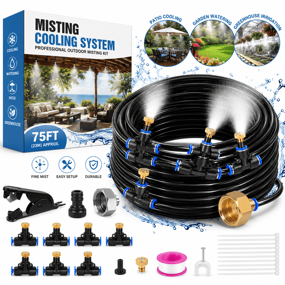 Misters for Outside Patio - 26FT((8M) Misting Cooling System with 8 Brass Mist Nozzles and 3/4" Adapter,Outdoor Mister for Patio Backyard Garden Greenhouse Trampoline Sprinkler
