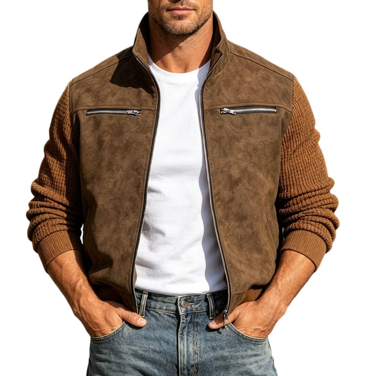 Men's Stand Collar Motorcycle Jacket, Faux Leather Patchwork