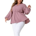 thumbnail image 4 of Agnes Orinda Plus Size Top for Women Textured Keyhole Cut Out Long Sleeve Swiss Dots Babydoll Peplum Blouse 2X Pink, 4 of 6