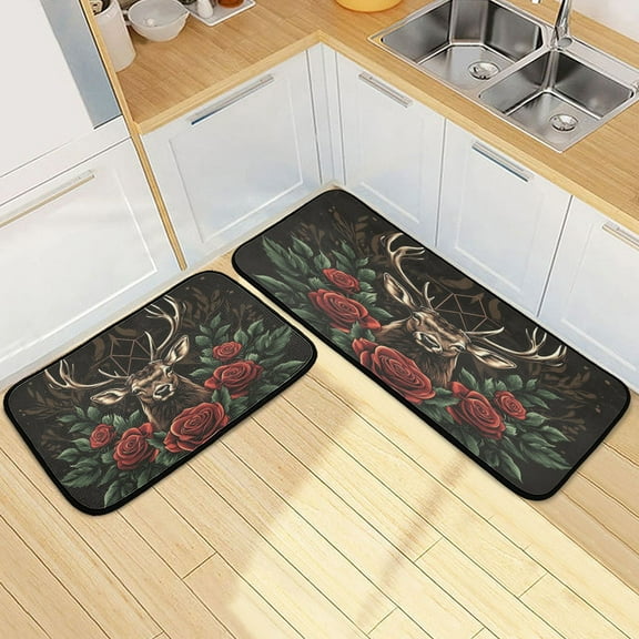 Kitchen Rugs and Mats【2 PCS】Non Skid Design Deer with Roses Creative Kitchen Mat