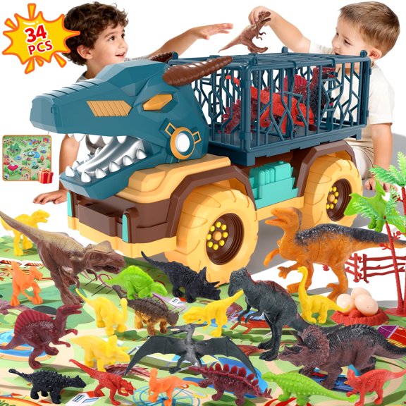 WonderStone 34-in-1 Dinosaur Toy Truck, Dino Carrier Car with 23 Dino Figures, Play Mat, Eggs & Trees, Monster Truck Playset for Toddlers and Kids Ages 3-5, Boys & Girls