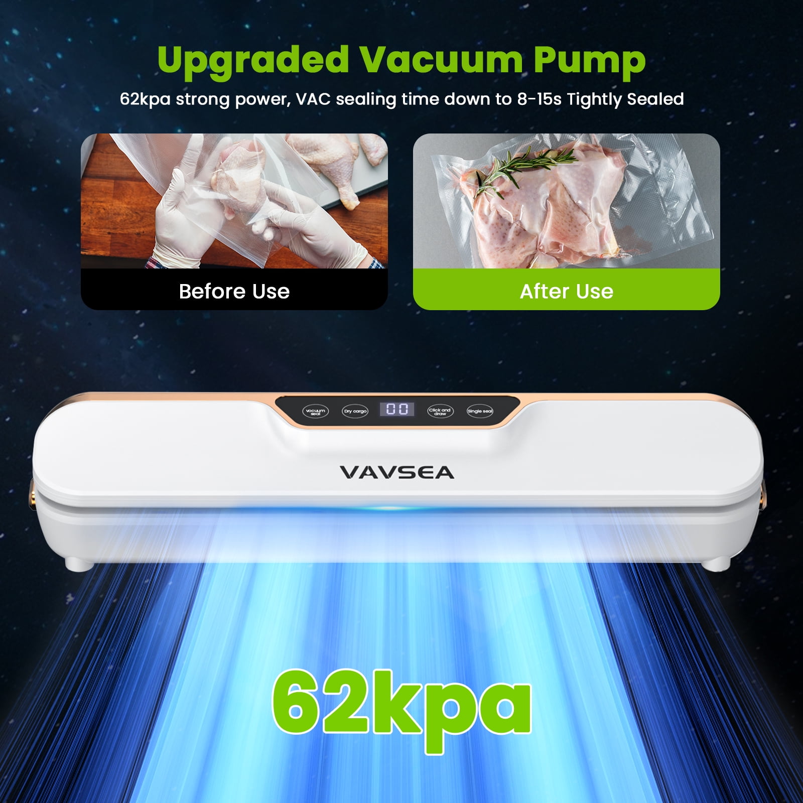 VAVSEA Vacuum Sealer, 62Kpa Food Sealer Machines with 4 Modes, Dry/Draw/Seal/Vac and 10Pcs Bags Starter Kit for Dry & Moist Food Storage Sous Vide for Kitchen
