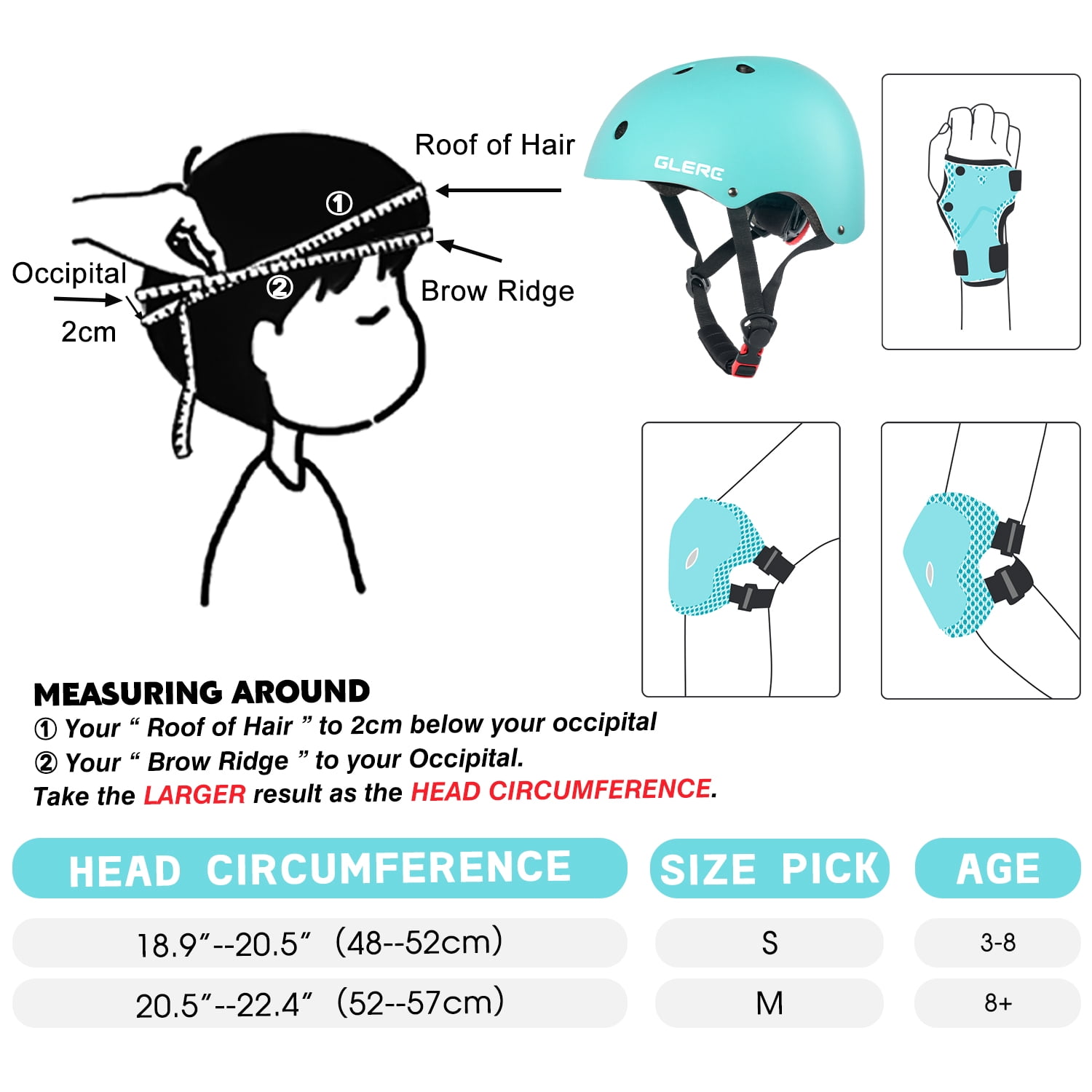 Glerc Kids Sports Helmet with Handguard & Kneepad for Age 3-8 Year Old Toddler and Child, S Size Mint Green