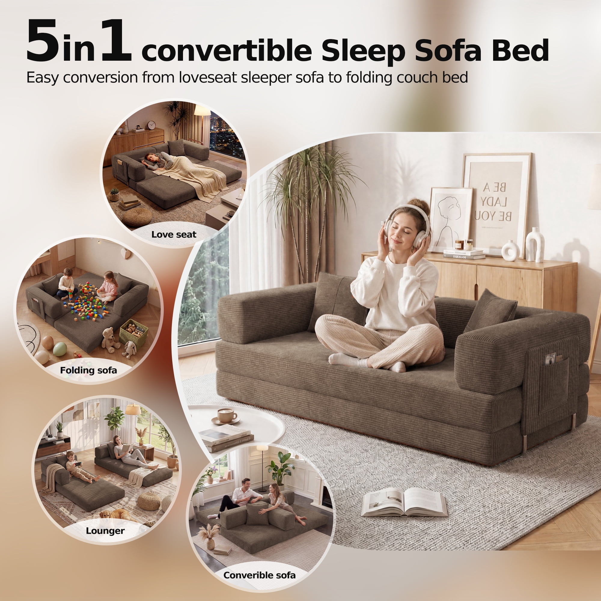 DILORA Convertible Sleeper Sofa Bed,Compressed Floor Boneless Couch,Modular Modern Corduroy Sofa for Living Room Bedroom,Easy Assembly(Brown)78.8''