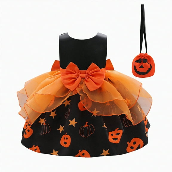 HCNTES Child Girls Halloween Bowknot Pageant Dress Party Gown Princess Dresses(Orange,18-24 Months)