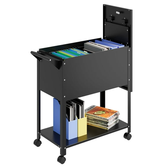Lockable Office File Cart on Wheels, Rolling Metal Cabinet for Letter/Legal Documents, Storage Organizer with Sliding Cover, Black
