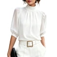 thumbnail image 4 of Womens Blouses Casual Tops Mock Neck Puff Sleeve Shirts Business Work Summer Outfits Lightweight Soft Daily Wear Fashion Tops by Yigetop White XL, 4 of 6