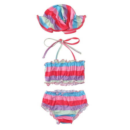

Woshilaocai Infant Baby Swimsuit Clothes Toddler Girl Bikini Bathing Suit Strap Top Shorts Hat Summer 3Pcs Outfit