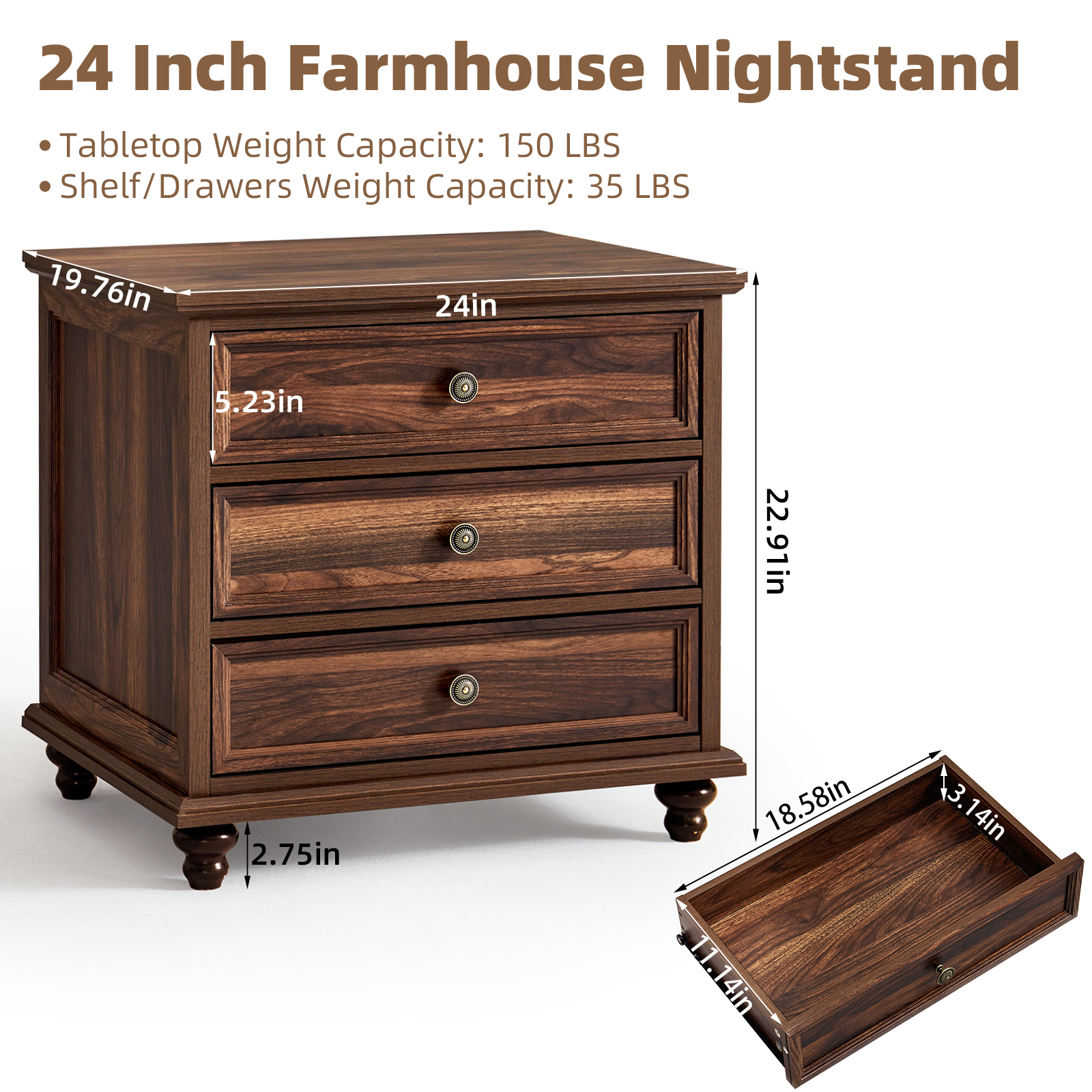 3-Drawers Nightstand Chest Dresser for Bedroom Farmhouse Side Table for Living Room,Closet - Brown
