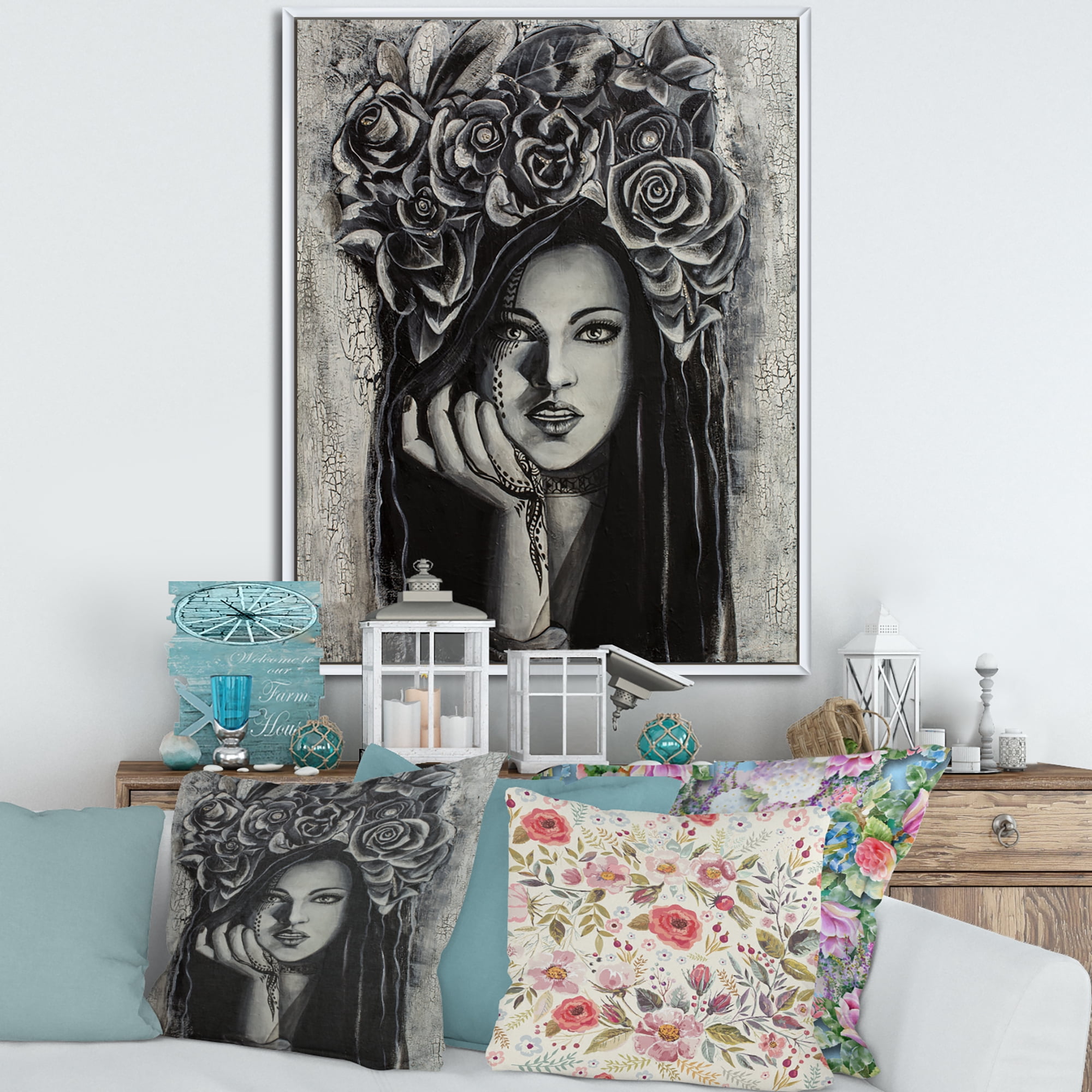 Portrait Of A Young Woman With Flowers III 16" x 32" Framed Painting Canvas Art Print, by Designart