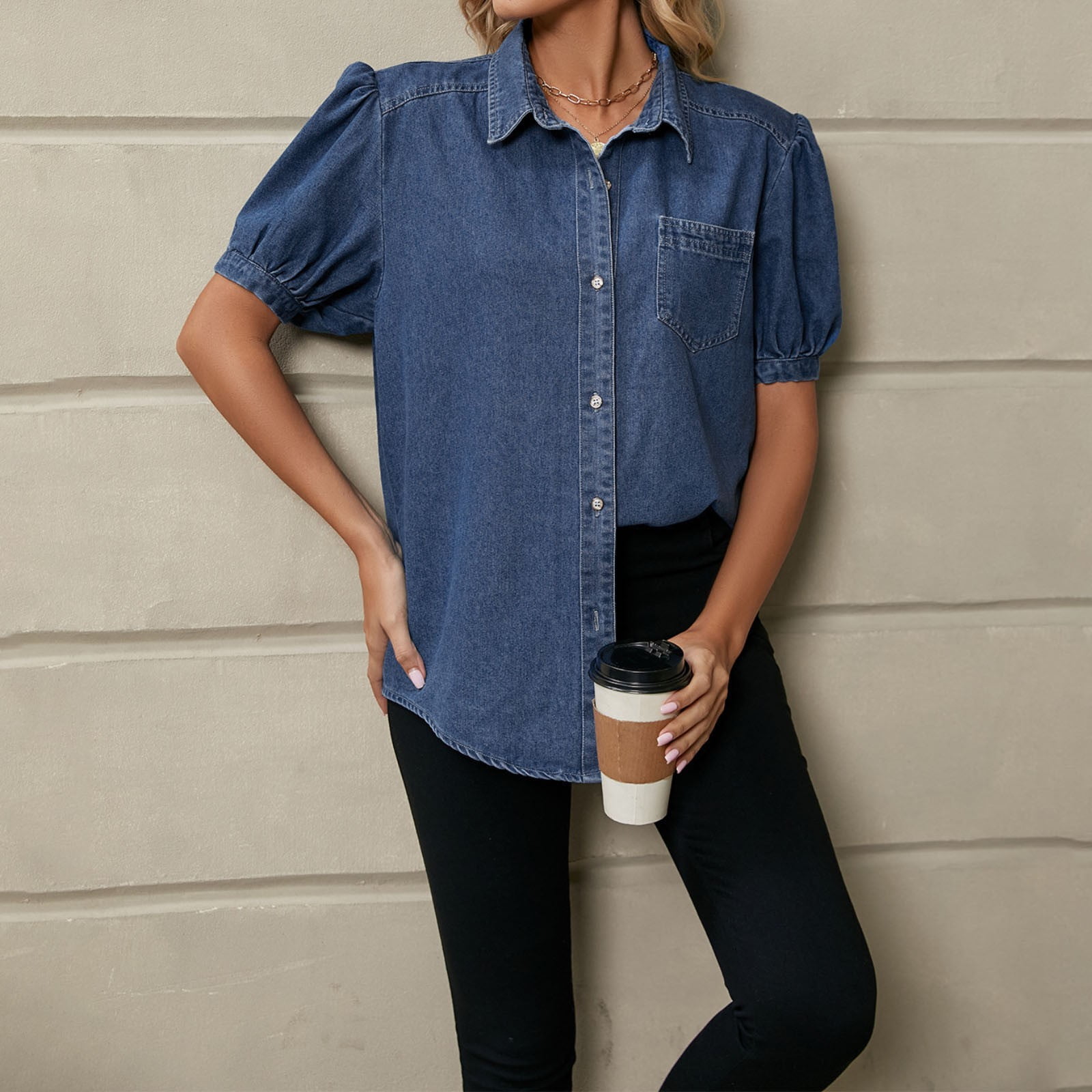 Honiser Women's Solid Color Denim Short-Sleeved Shirt High and Low Hem  Buttons with Pockets Casual Fashion Loose Top at  Women’s Clothing  store