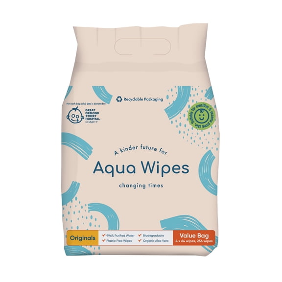 Aqua Wipes Originals Biodegradable and Plastic Free Baby Wipes Bag 256 Count (4 Packs x 64 Wipes)