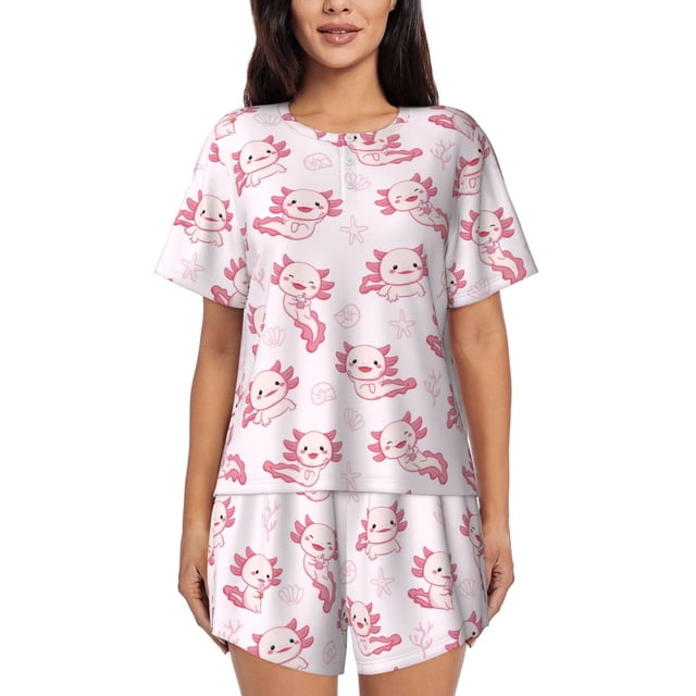 Balery Baby Salamander Conjunto de Pijama para Mujer con Estampado, Dos Piezas de Manga Corta y Shorts, Ropa de Dormir Suave con Cuello Redondo y Bolsillos-Large