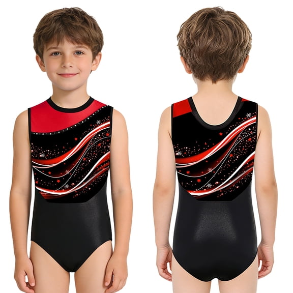 iiniim Boys Gymnastics Leotard Sleeveless Figure Skating Training Stretchy Fabric Junior Sport Print Bodysuit Red 12
