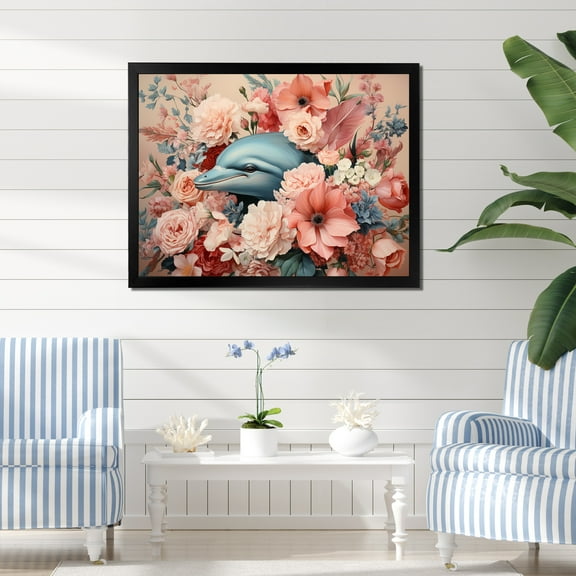 Designart "Dance of Dolphins in Florals" Animals Framed Wall Art Decor - Coastal Pink Coastal Animal Bedroom Framed Canvas Wall Art