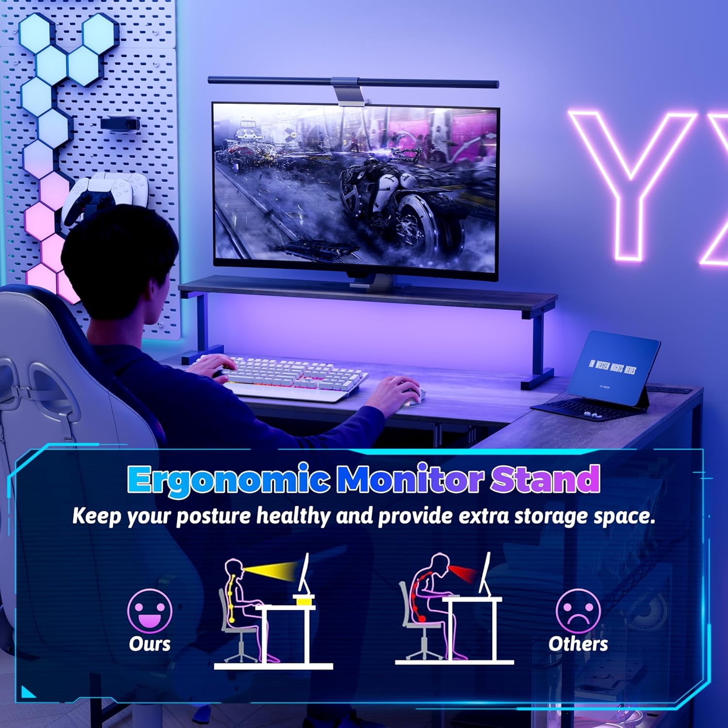 FANRAL L Shaped Computer Gaming Desk with Monitor Stand,LED Light & USB Power Outlet,Reversible Shelves Corner Desk with Keyboard Tray for Home Office Study,Gray Computer Desk
