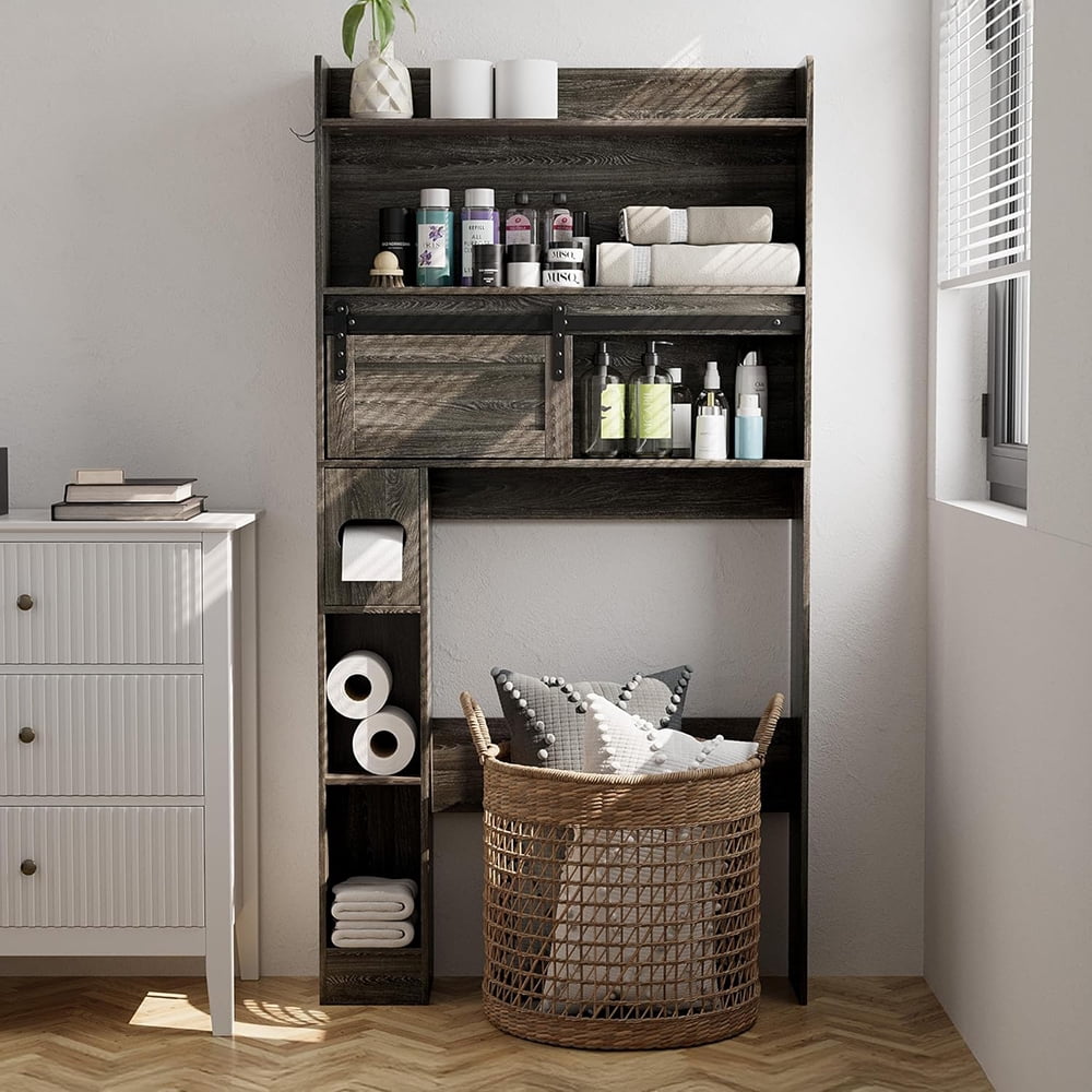 MIDOQIN Over The Toilet Storage Cabinet, Farmhouse Wooden 6-Tier Bathroom Organizer with Adjustable Bottom Bar Home Space-Saving Toilet Rack