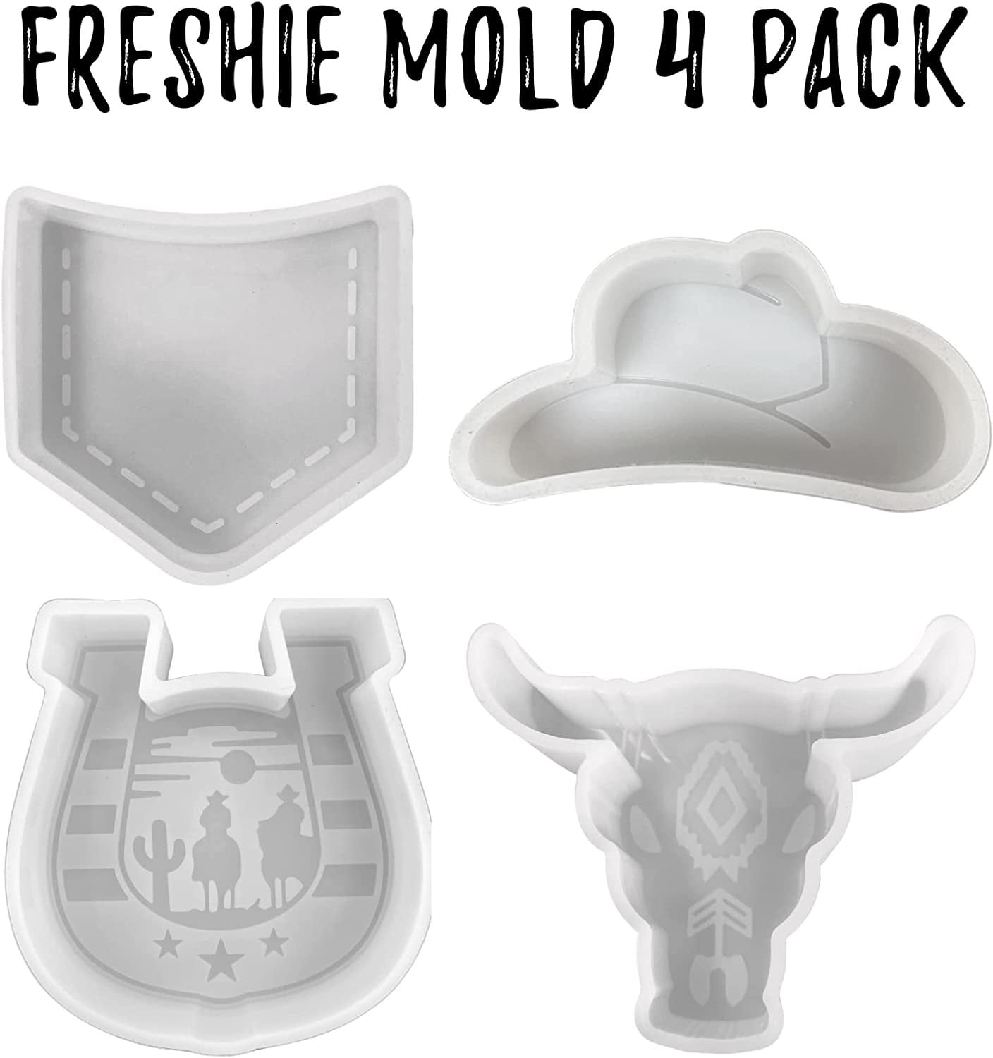 Western Theme Freshie Molds Bulk 4pk Longhorn Bull Skull, Jean Pocket, Horseshoe, Cowboy Hat Car Freshie Silicone Mold for Scented Aroma Beads, Car Candle, Soap Oven Safe Bake Heat Resistant to 400 F