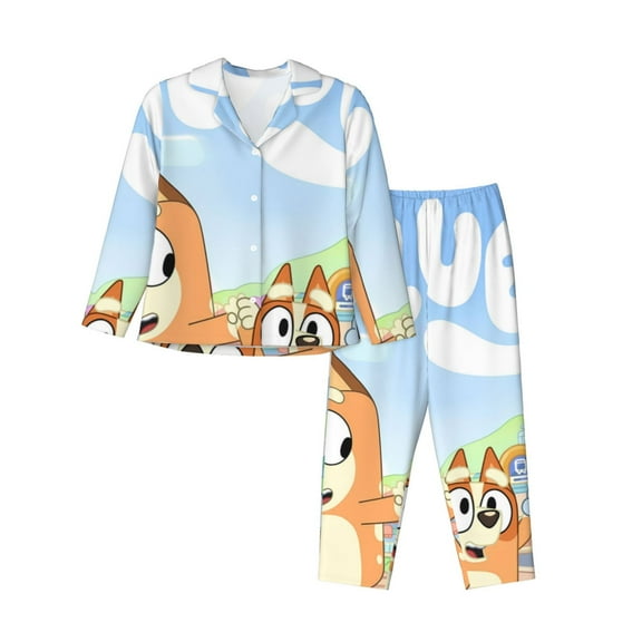 Silaia Bluey Print Women 2 Piece Pajama Set,Button Down Long Sleeve Sleepwear,Pjs Loungewear Sleepwear,Pj Lounge Sets-Medium