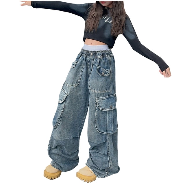 Odeerbi 8-16 Años Niñas Cargo Jeans Athletic Deportes Pantalones Vaqueros Pierna Ancha Color Sólido Cintura Media Suelta Ropa de Trabajo Pantalones Con Bolsillo