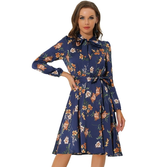INSPIRE CHIC Robe Ceinturée à Imprimé Floral Vintage en Mousseline à Manches Longues à Col Noué pour Femme Satin Bleu m