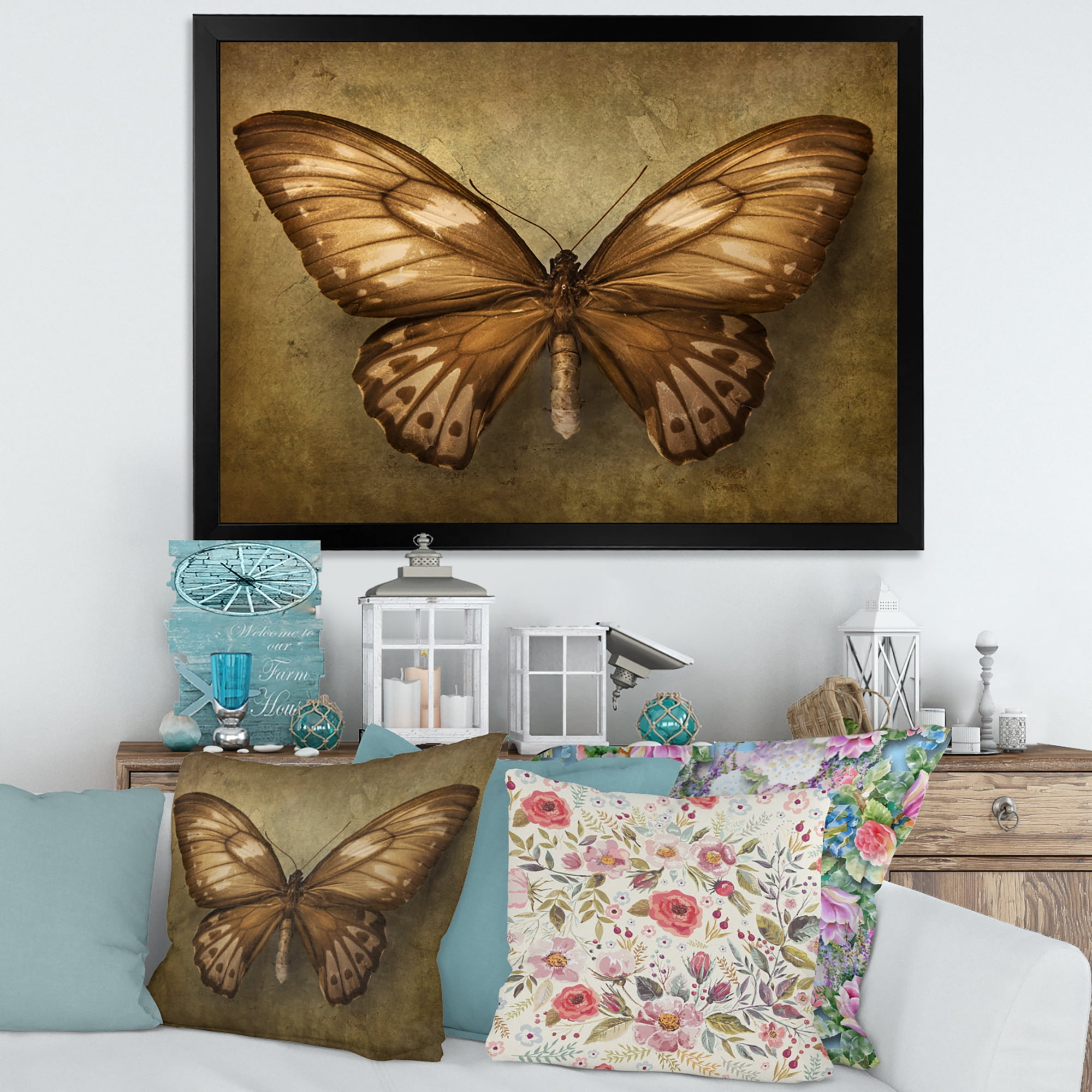 Designart 'Ancient Butterfly In Earth Tones' Vintage Framed Art Print