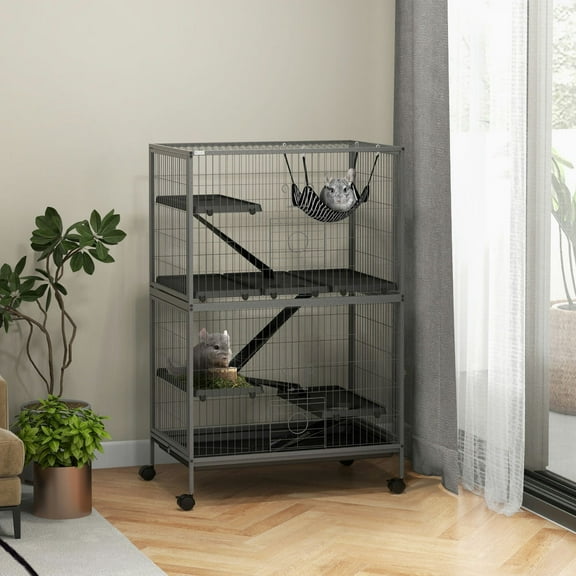 GVN 50" H Rolling Small Animal Cage with Hammock, Ferret Cage, Chinchilla Cage, Pet Habitat with 4 Doors, Removable Tray