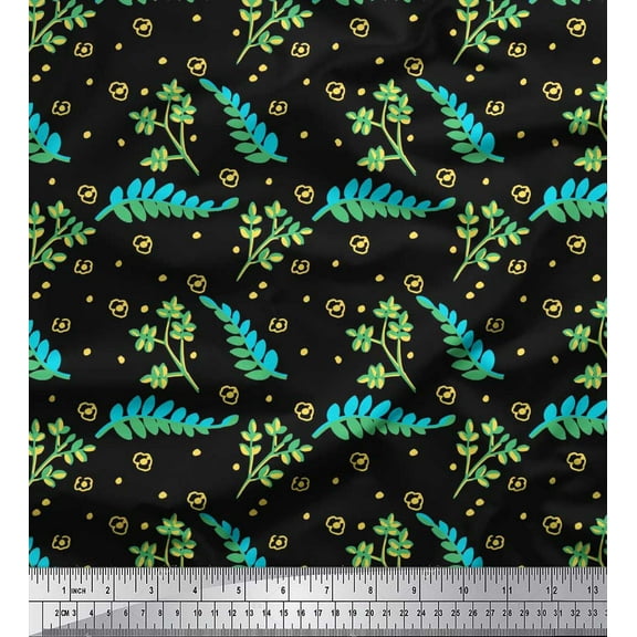 Soimoi Black Cotton Duck Fabric Dot & Leaves Printed Fabric 1 Yard 42 Inch Wide