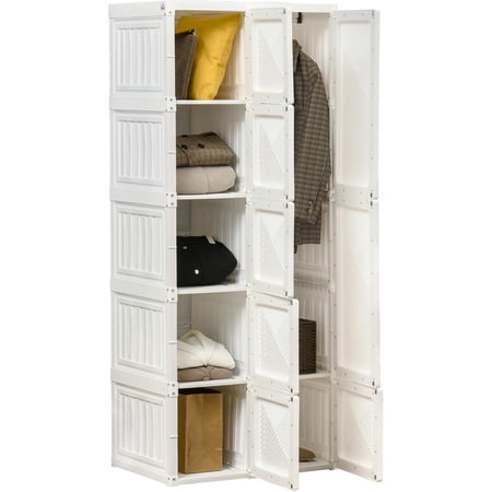 YWEN Portable Wardrobe Closet Folding Clothes Storage Organizer with 6 Cube Compartments Hanging Rod 8 Magnet Doors White