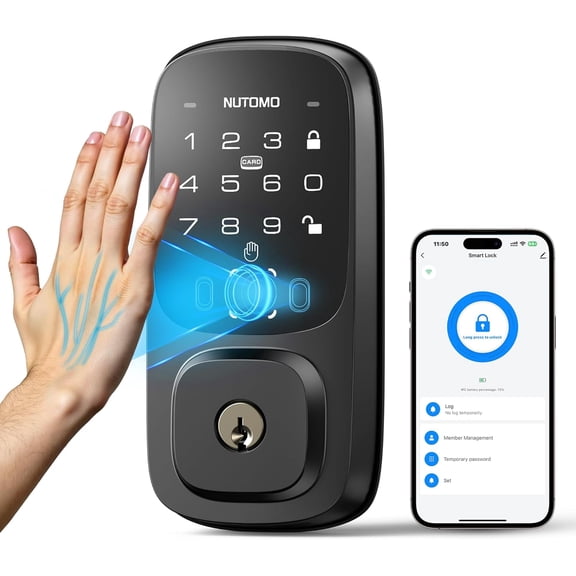 Palm Vein Smart Lock: Keyless Entry Door Locks Built-in WiFi Keypad Electronic Digital Deadbolt with APP Remote Control for Home Support Alexa/Rechargeable Battery/BHMA Grade 3/SP300/Black